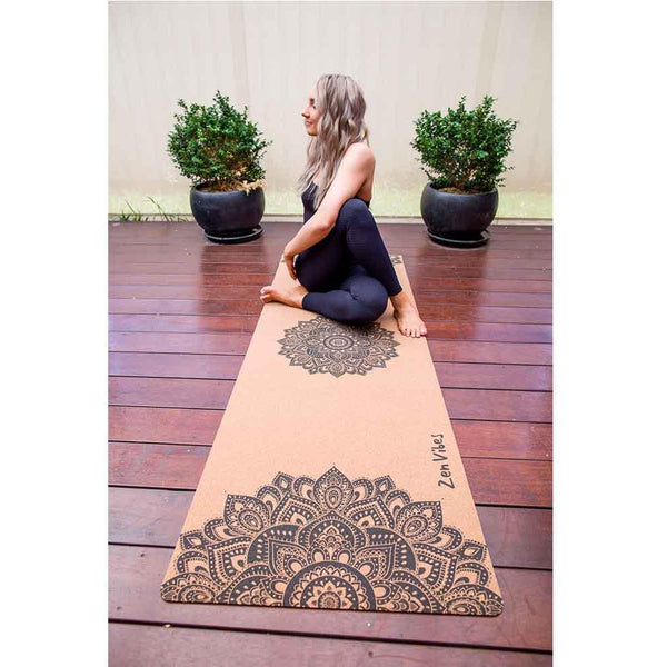 Premium Cork Yoga Mat with Rubber Back | Ornamental Treo Mandala - Black | 4.5 mm - Zenvibes
