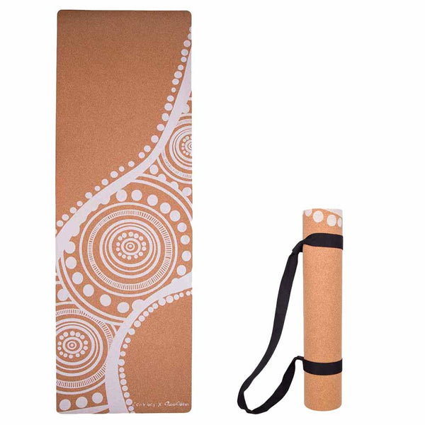 Aboriginal Art Cork Yoga Mat with Rubber Back | Flowing Rivers - White | 4.5 mm - Zenvibes