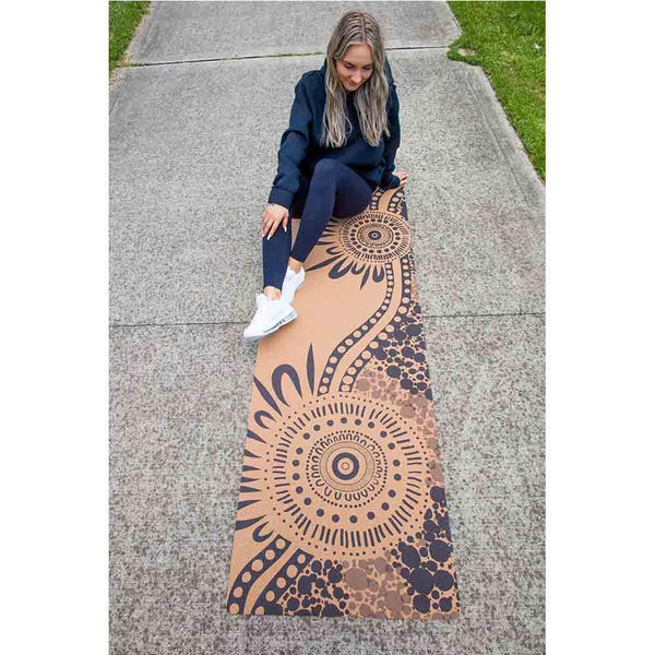 Aboriginal Art Cork Yoga Mat with Rubber Back | River Run - Midnight Blue | 4.5 mm - Zenvibes
