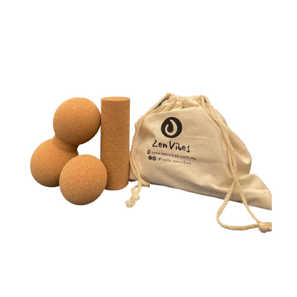 100% Natural Cork Massage Kit- Cork Ball, Peanut & Mini Roller for Muscle Recovery