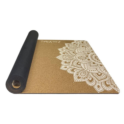 Comfort Cork Yoga Mat 5mm - Ornamental Treo Mandala (White) - Zenvibes