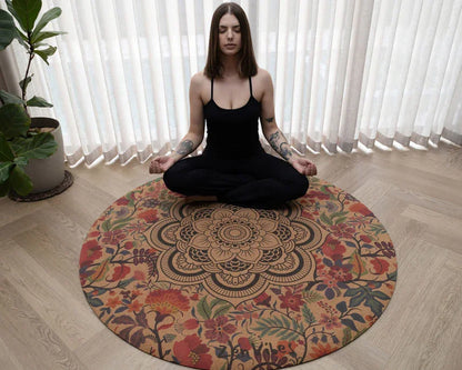 Premium Round Cork Yoga Mat – Ornamental Mandala 135cms
