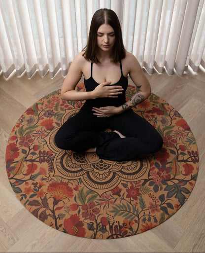 Premium Round Cork Yoga Mat – Ornamental Mandala 135cms