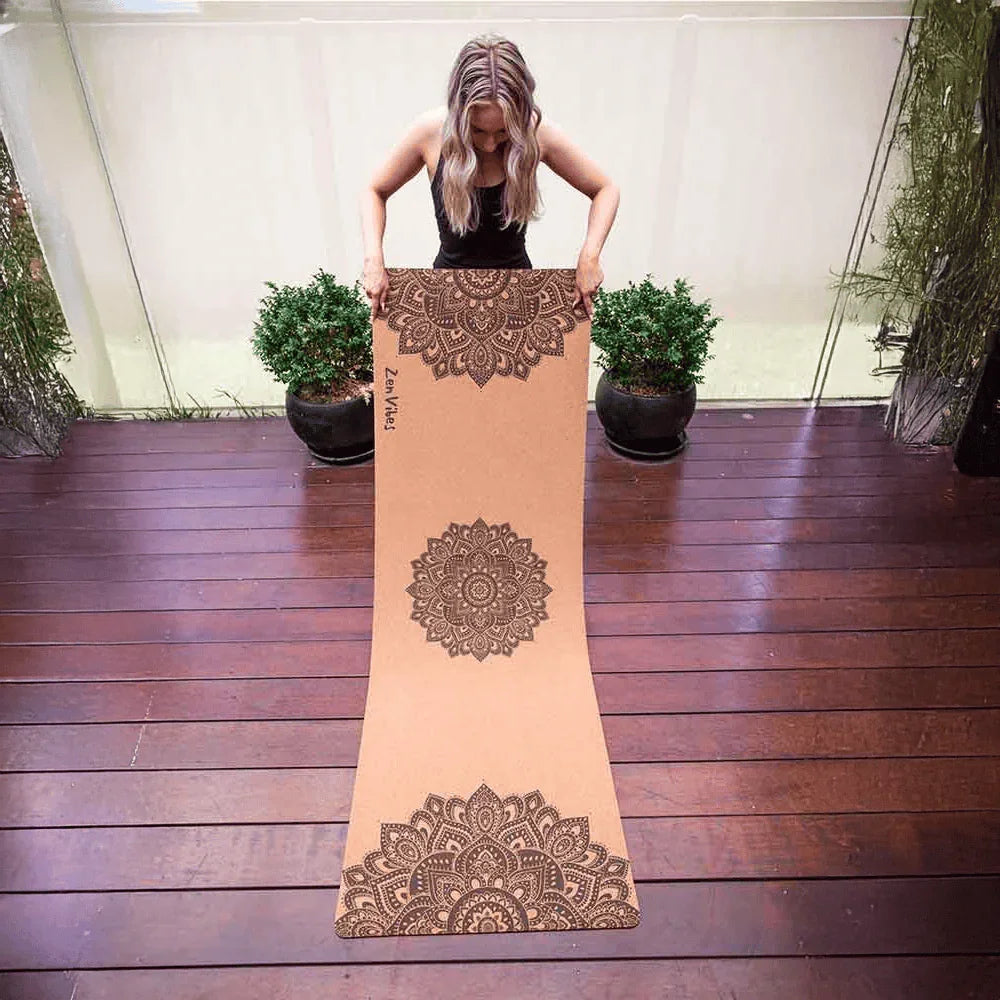 Comfort Cork Yoga Mat 5mm - Ornamental Treo Mandala ( Black) - Zenvibes