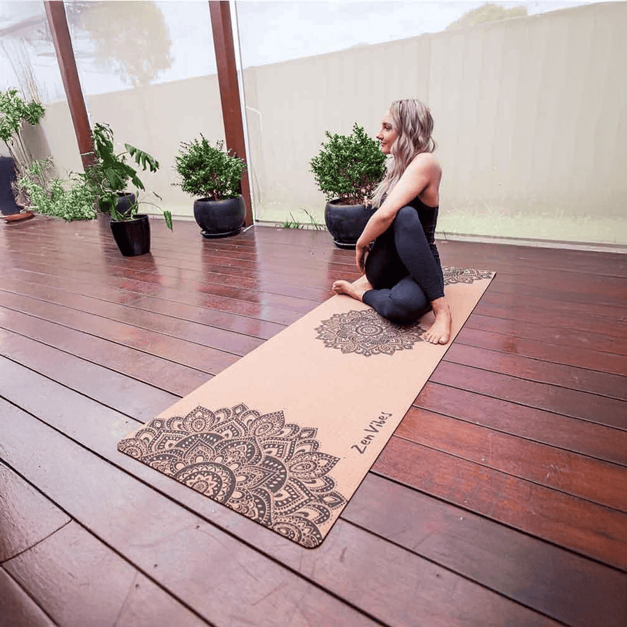 Comfort Cork Yoga Mat 5mm - Ornamental Treo Mandala ( Black)