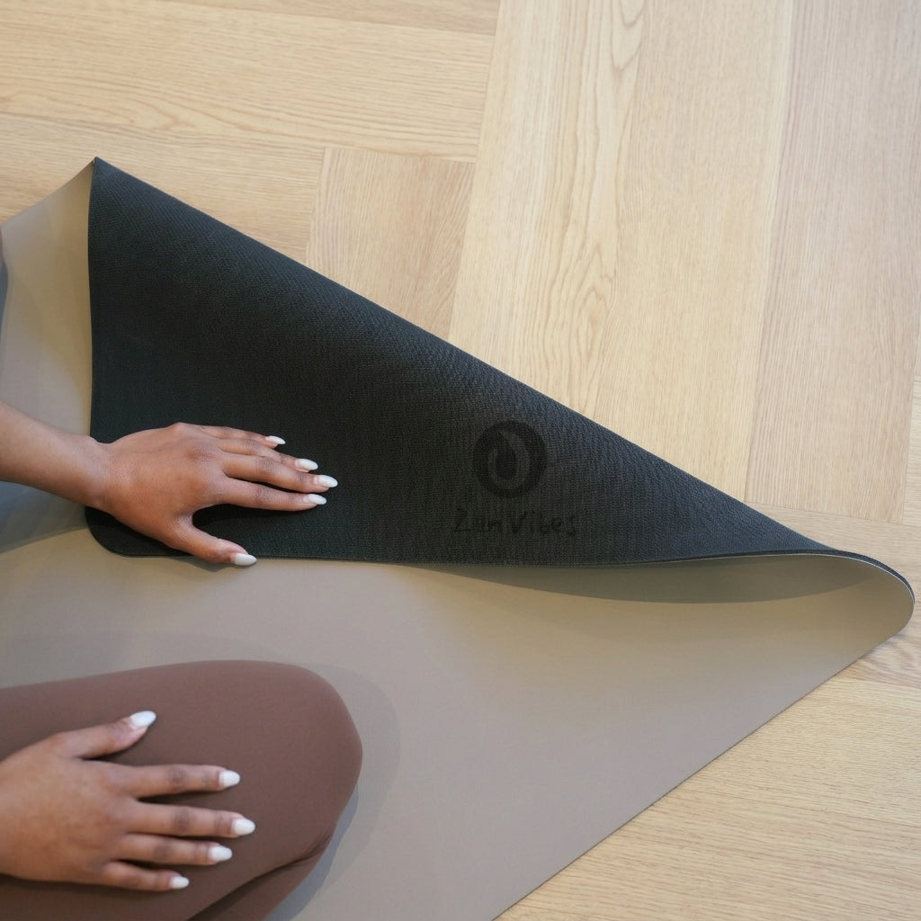 Close-up of hands on the smooth matte surface of Charcoal Grey and Sandstone vegan leather yoga mats with Zenvibes logo