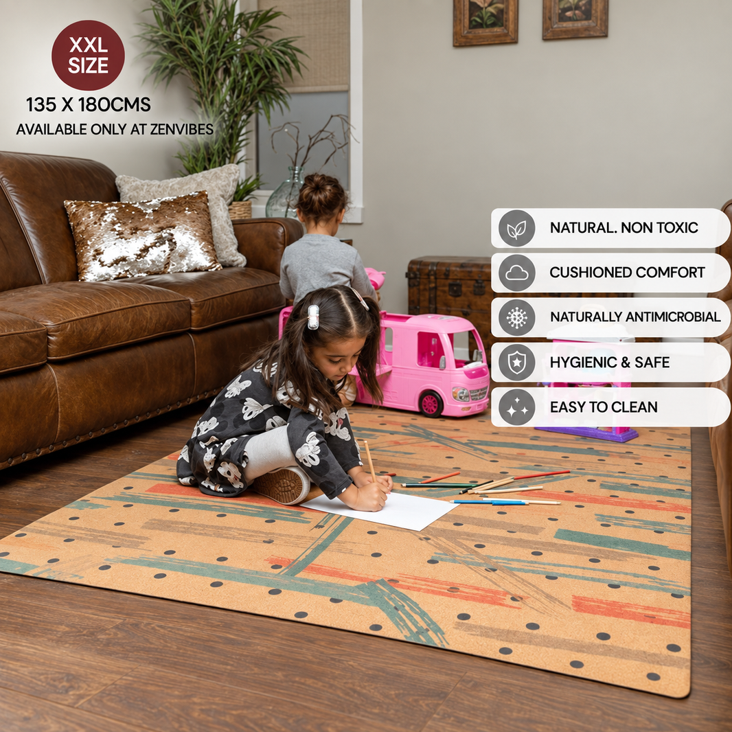 XXL Extra Large Cork Kids Play Mat - Brush Strokes & Dots Abstract  135cm X 180cm