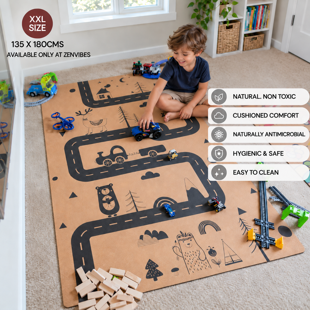 XXL Extra Large Cork Kids Play Mat - Roads and Tracks Adventure Rug 135cm X 180cm