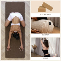 Complete Home Practice Bundle – Zenvibes Cocoa Brown 5mm cork yoga mat with cork yoga blocks (pair), Rustic Elegance bolster and beige organic cotton yoga strap