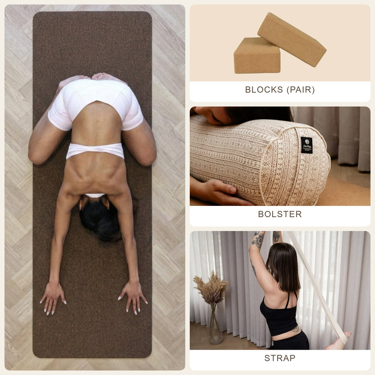 Complete Home Practice Bundle – Zenvibes Cocoa Brown 5mm cork yoga mat with cork yoga blocks (pair), Rustic Elegance bolster and beige organic cotton yoga strap