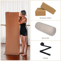 Complete Home Practice Bundle – Zenvibes 5mm cork yoga mat with cork yoga blocks (pair), Floral Grace bolster and black organic cotton yoga strap