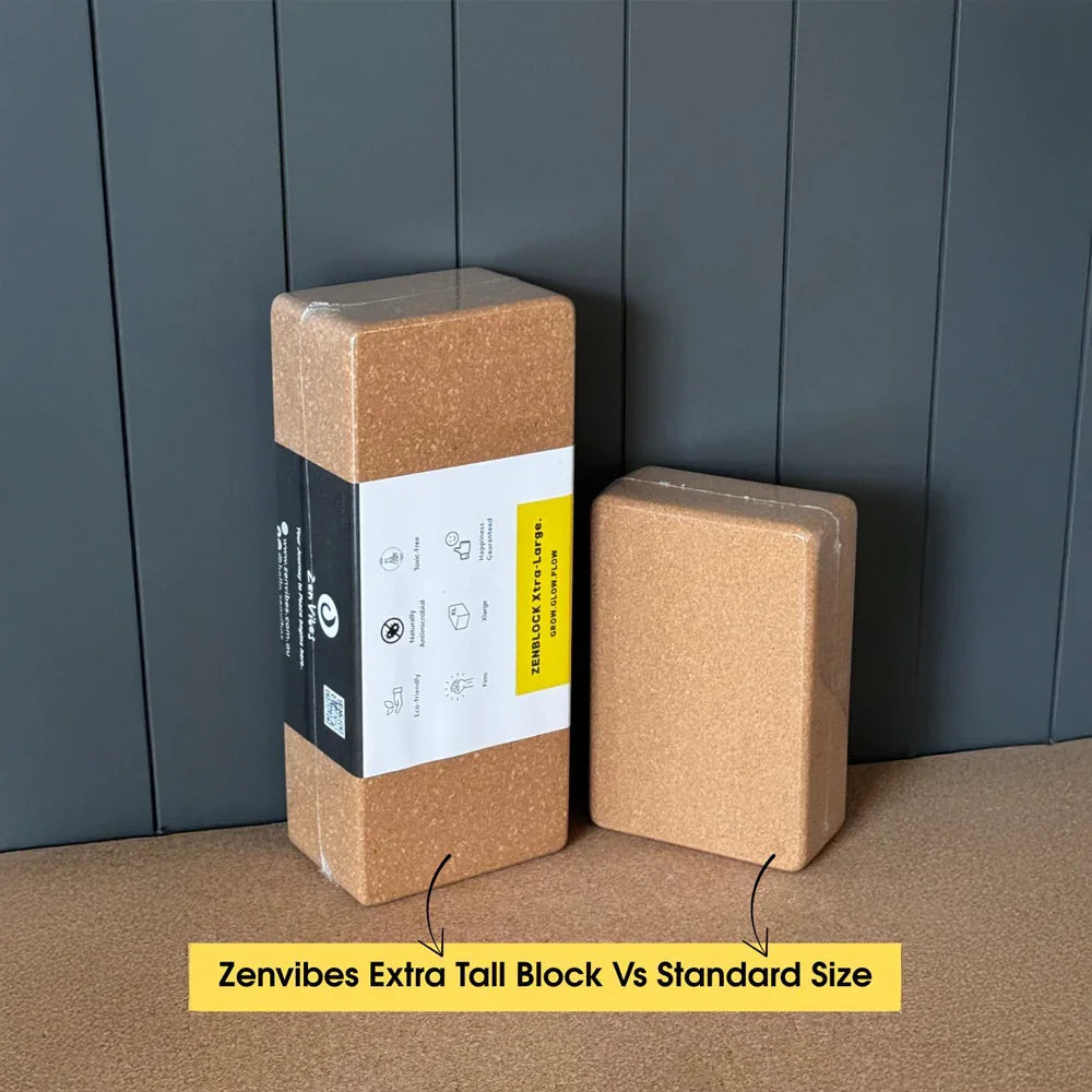 Comparison of Zenvibes extra tall and standard size cork yoga blocks.
