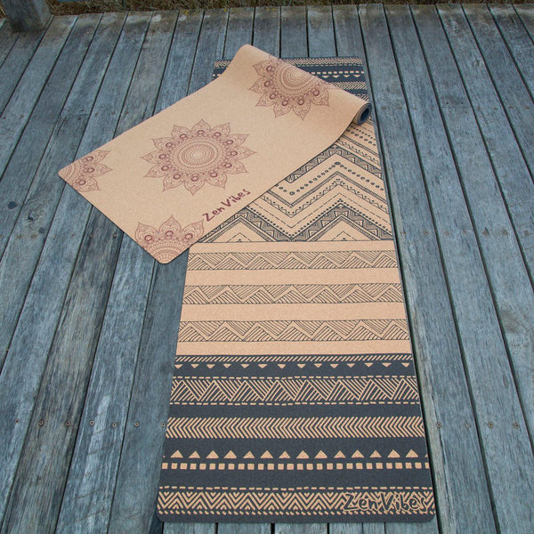 Premium Cork Yoga Mat with Rubber Back | Tribal Geometry - Black | 4.5 mm - Zenvibes
