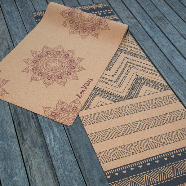Premium Cork Yoga Mat with Rubber Back | Decorative Floral Mandala - Brick | 4.5 mm - Zenvibes