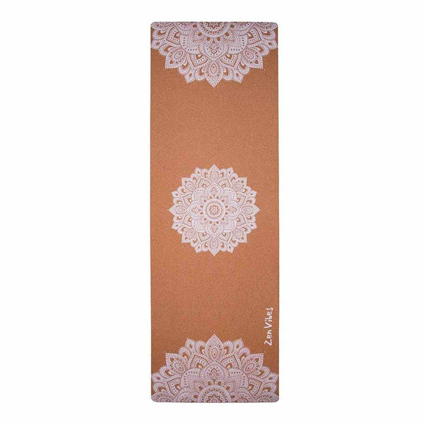 Premium Cork Yoga Mat with Rubber Back | Ornamental Treo Mandala - White | 4.5 mm - Zenvibes