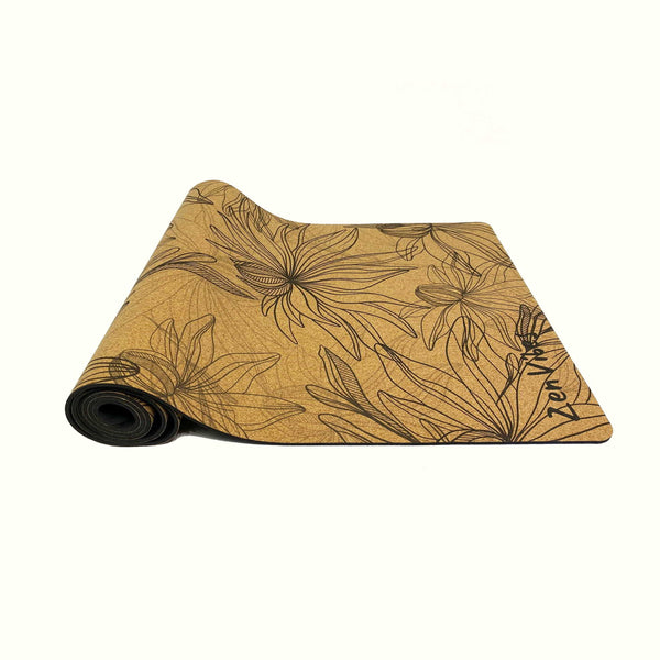 Premium Cork Yoga Mat with Rubber Back | Line Drawn Flowers | 4.5 mm - Zenvibes
