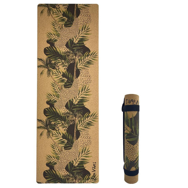 Premium Cork Yoga Mat with Rubber Back | Tropical Palm Abstract - Green | 4.5 mm - Zenvibes
