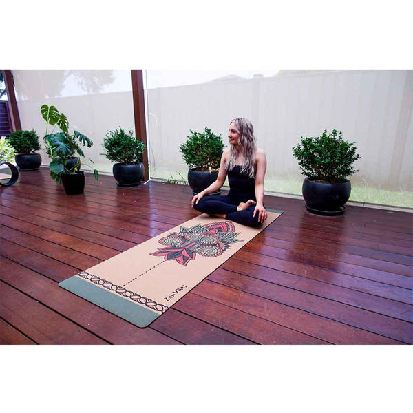 Premium Cork Yoga Mat with Rubber Back | Ethnic Mandala - Green | 4.5 mm - Zenvibes