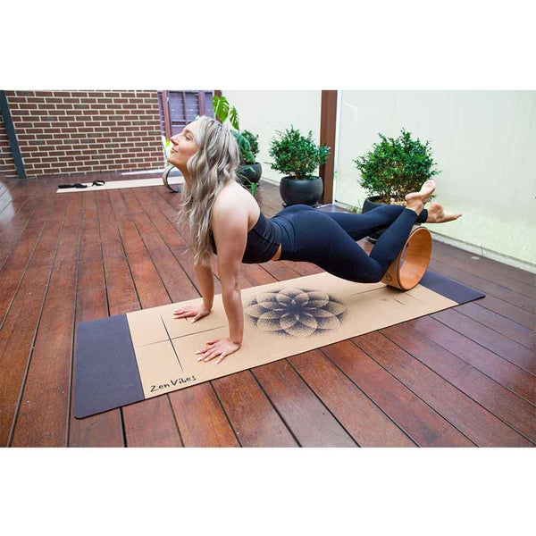 Extra Thick Cork Yoga Mat with Rubber Back + Cotton Bag | Flower Of Life Elements | 7mm - Zenvibes