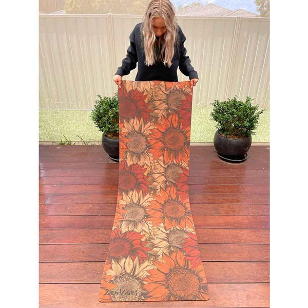 Premium Cork Yoga Mat with Rubber Back | Handdrawn Sunflower | 4.5 mm - Zenvibes