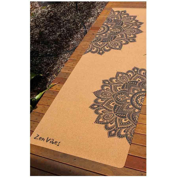 Premium Cork Yoga Mat with Rubber Back | Mandala - Black | 4.5 mm - Zenvibes
