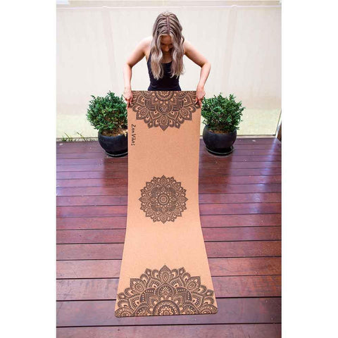 Premium Cork Yoga Mat with Rubber Back | Ornamental Treo Mandala - Brown | 4.5 mm - Zenvibes