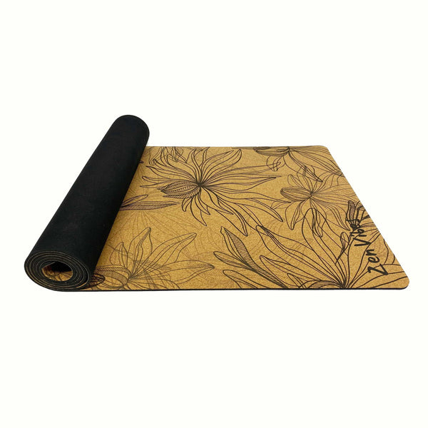 Premium Cork Yoga Mat with Rubber Back | Line Drawn Flowers | 4.5 mm - Zenvibes