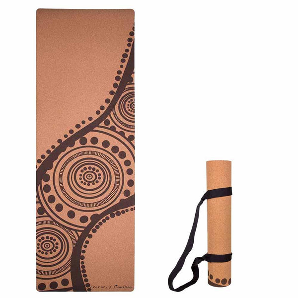 Aboriginal Art Cork Yoga Mat with Rubber Back | Flowing Rivers - Brown | 4.5 mm - Zenvibes