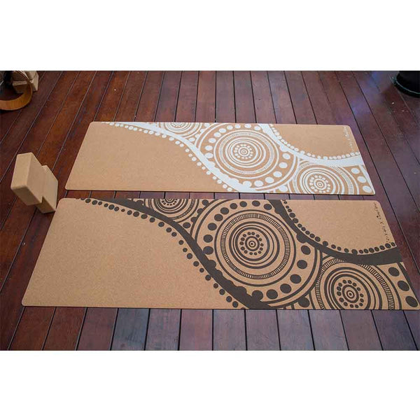 Aboriginal Art Cork Yoga Mat with Rubber Back | Flowing Rivers - Brown | 4.5 mm - Zenvibes