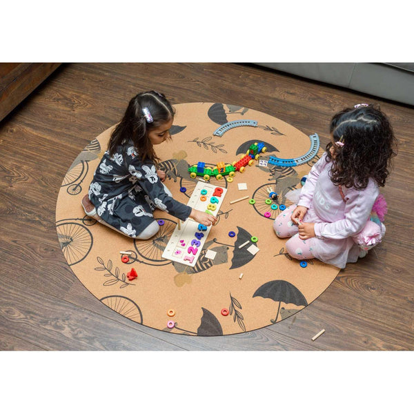 Cork Kids Play Mat | Round 135cm | Cute Bear on Bike - Zenvibes