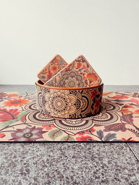 Extra Thick Cork Yoga Mat with Rubber Back + Cotton Bag | Ornamental Mandala | 7 mm