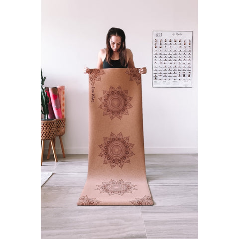 Premium Cork Yoga Mat with Rubber Back | Decorative Floral Mandala - Brick | 4.5 mm - Zenvibes